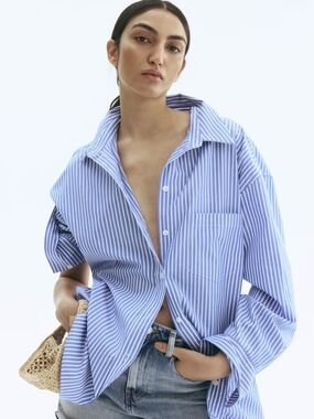 ​H&M Blue White Striped Cotton Oversized Button Down Shirt Long Sleeve Blouse XL